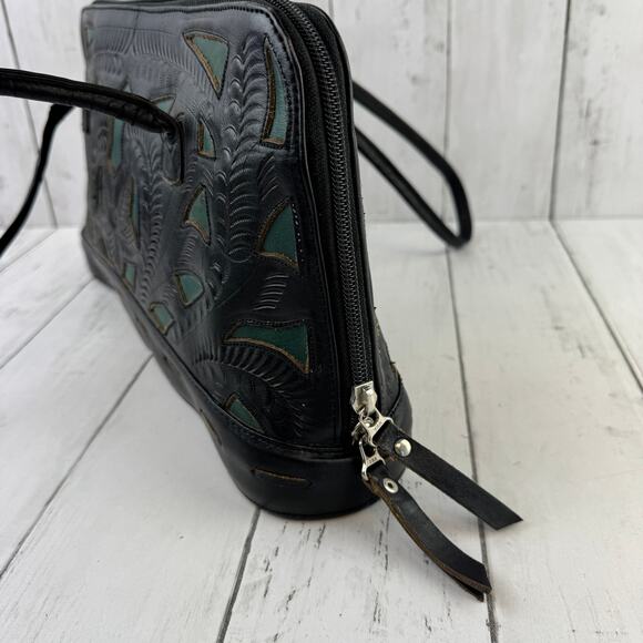 J.L. Saldivar Black Green Floral Tooled Leather Inlay Handcrafted Shoulder Bag - Picture 3 of 11